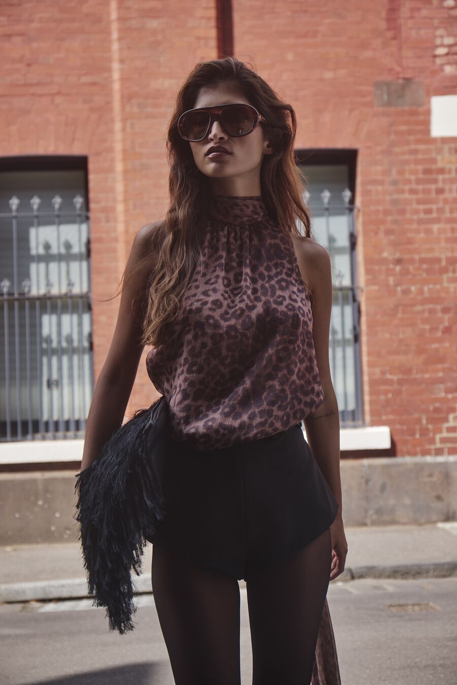 ARLETTE NECK TIE PRINTED TOP in colour Leopard