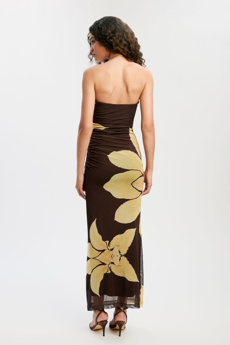 CIERA STRAPLESS MESH DRESS in colour Choc Floral