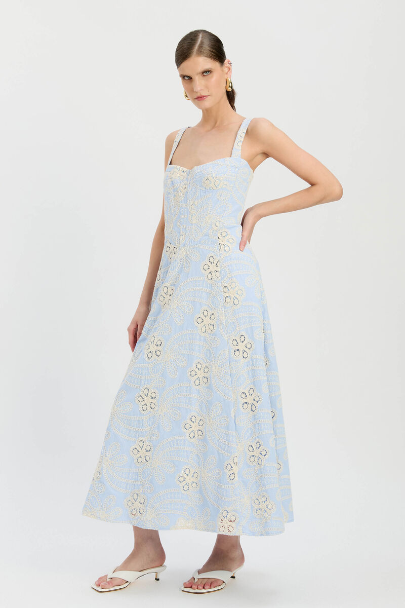LILAH CORSET MIDI DRESS in colour Baby Blue Floral