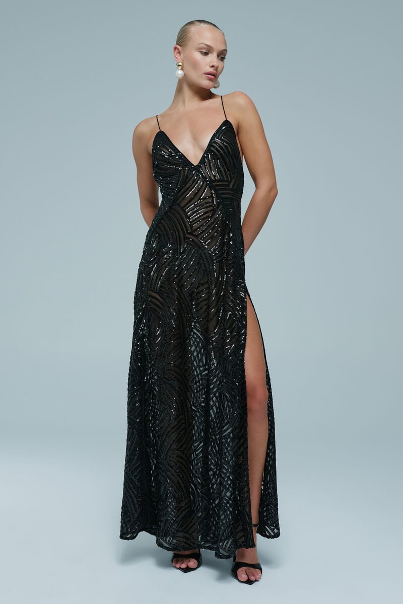 HARPER SEQUIN HALTER DRESS in colour Black
