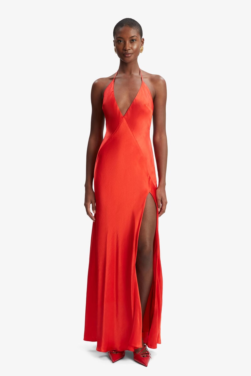 YVE HALTER DRESS in colour Fire Red