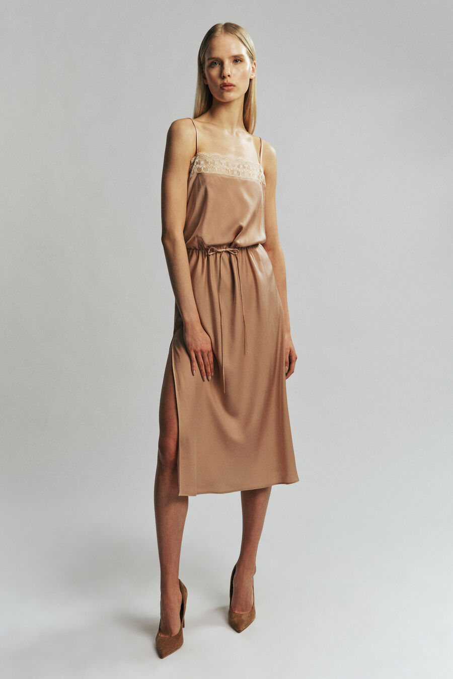 OLINA LACE SATIN MIDI DRESS in colour Soft Camel