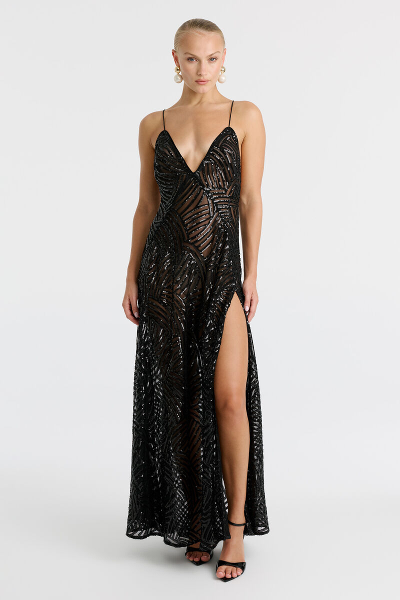 HARPER SEQUIN HALTER DRESS in colour Black