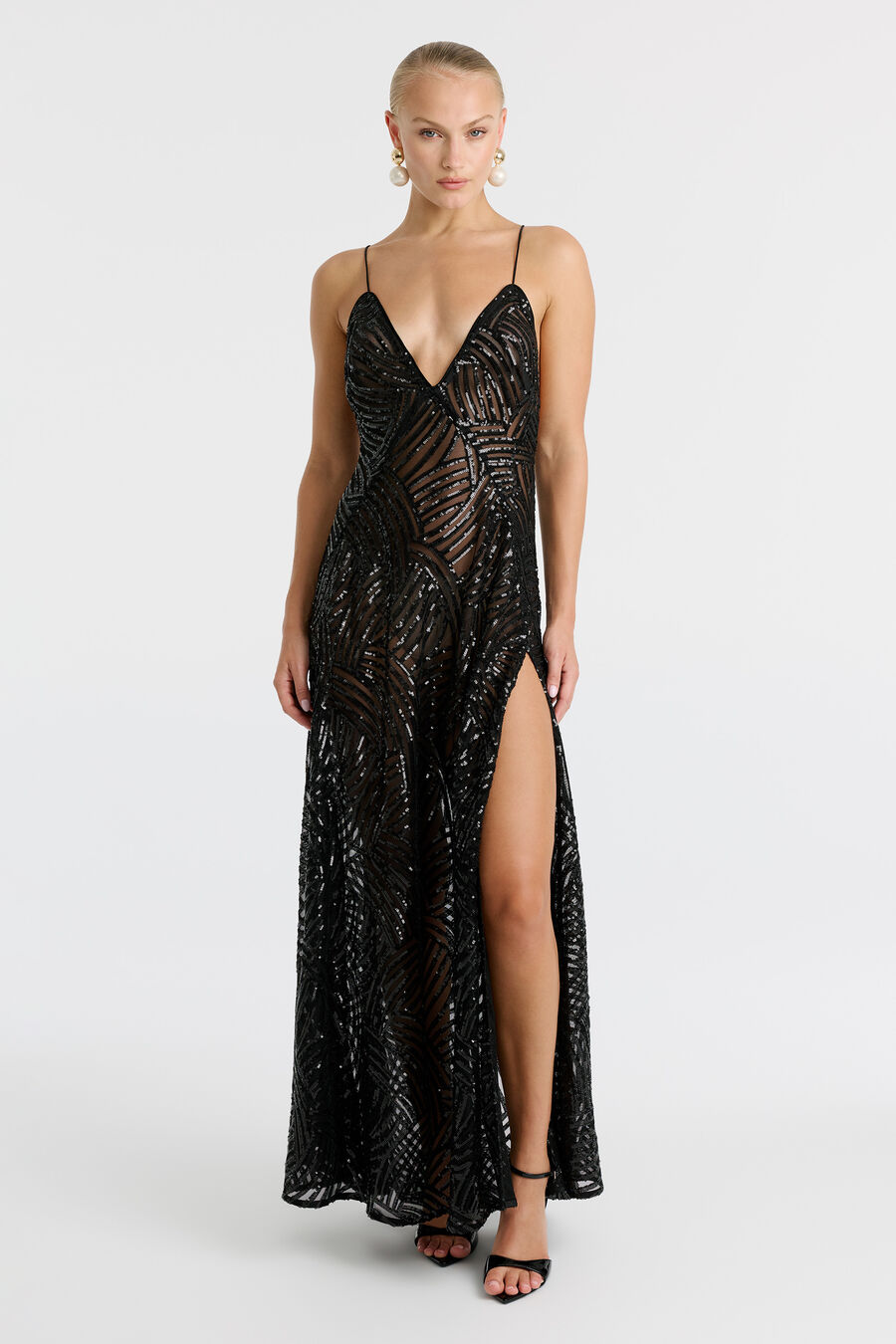 HARPER SEQUIN HALTER DRESS in colour Black
