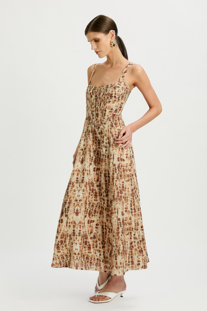 LILAH CORSET MIDI DRESS in colour Pebble Print