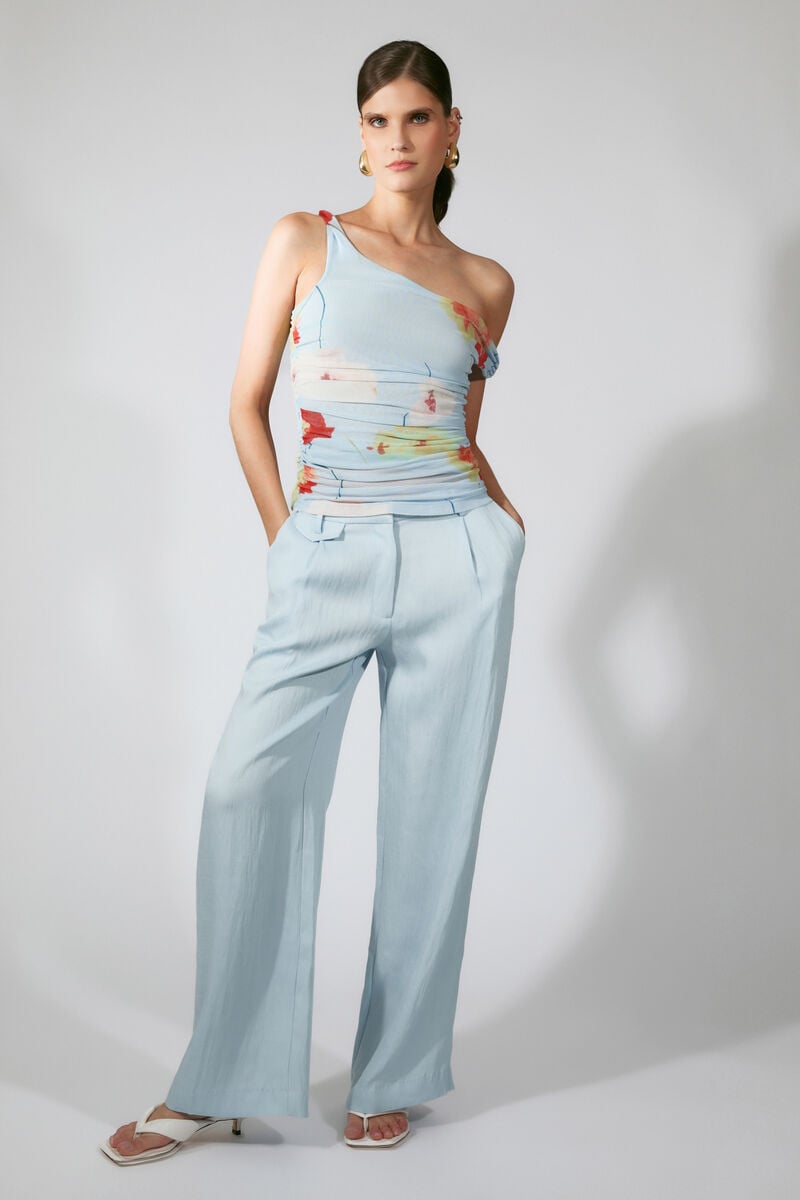 LAYANA PRINTED MESH ASYM TOP in colour Baby Blue Floral