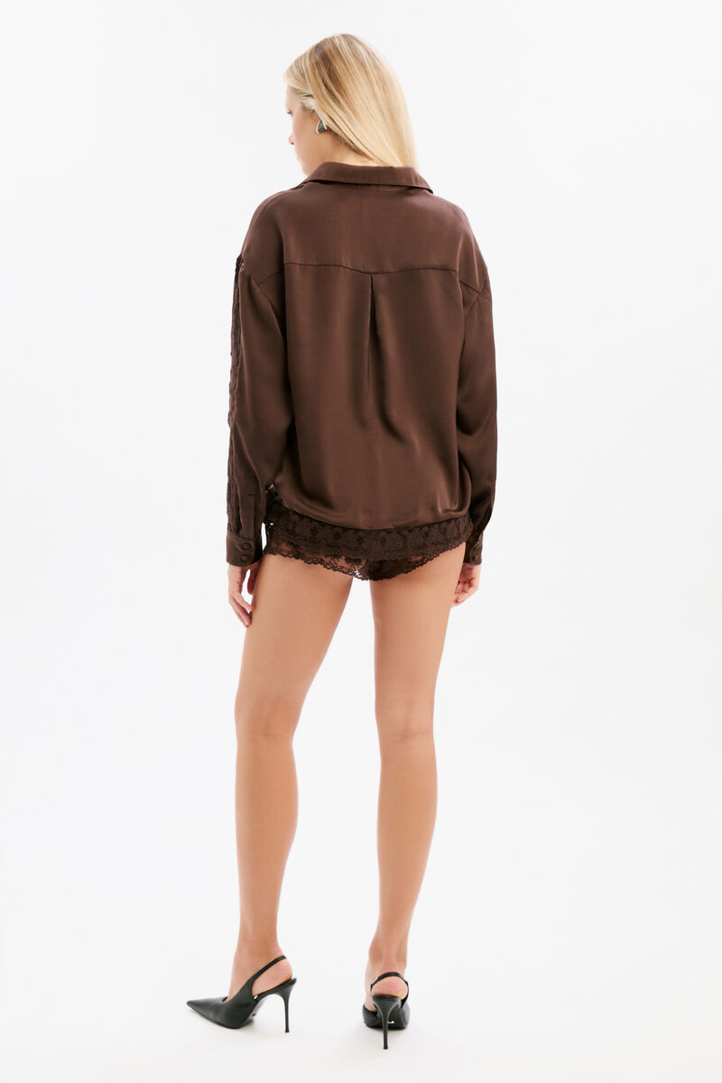BONITA SATIN LACE TRIM SHIRT in colour Dark Chocolate