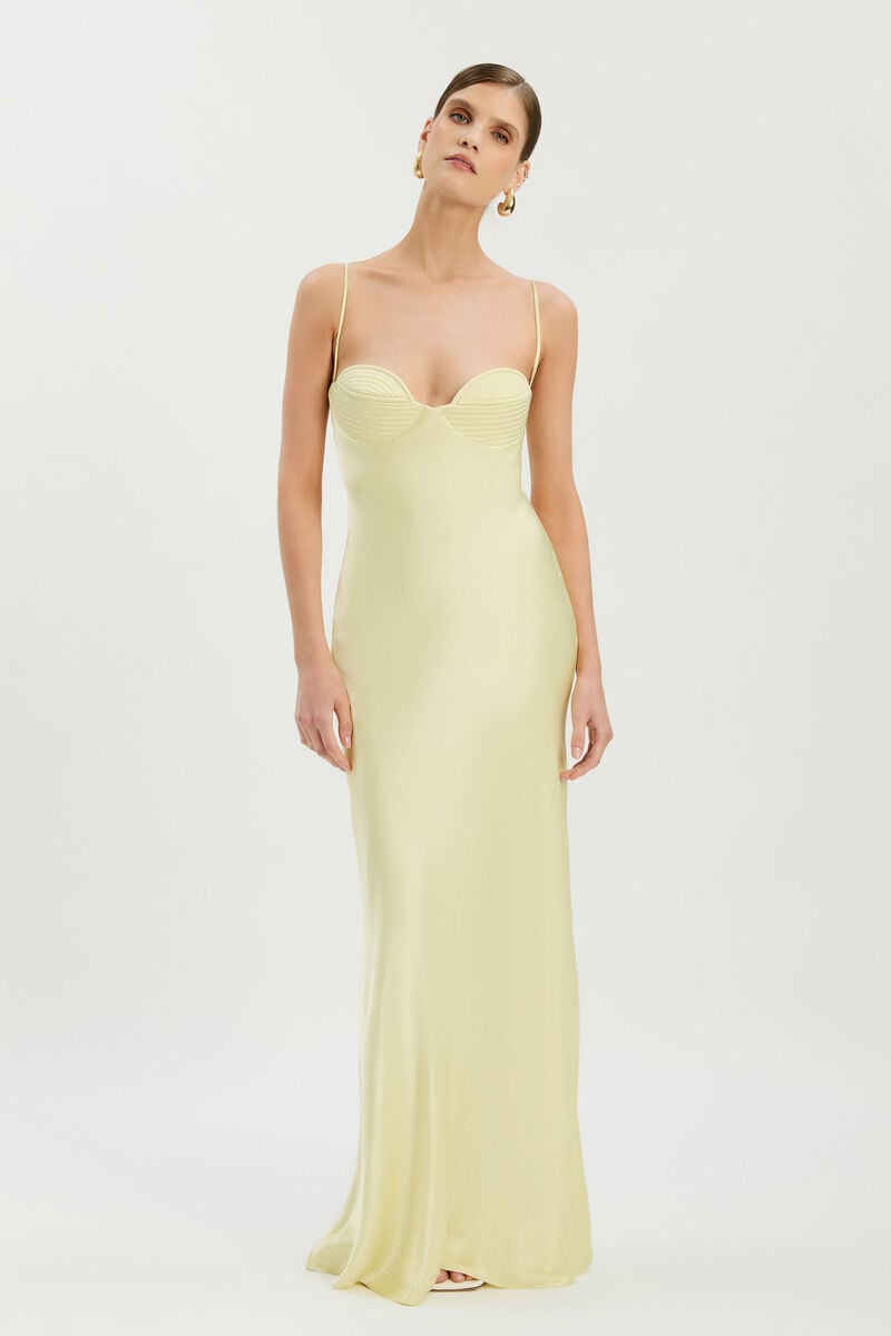 DEVIN SATIN MAXI DRESS in colour Lemon Yellow
