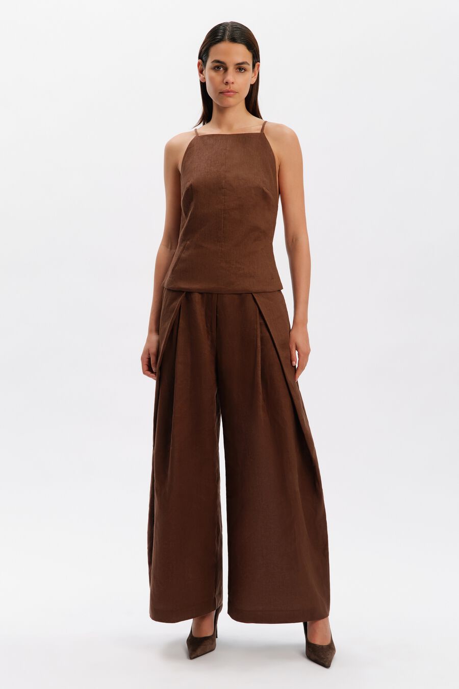 ARELIA HIGH NECK LINEN TOP in colour CHOCOLATE