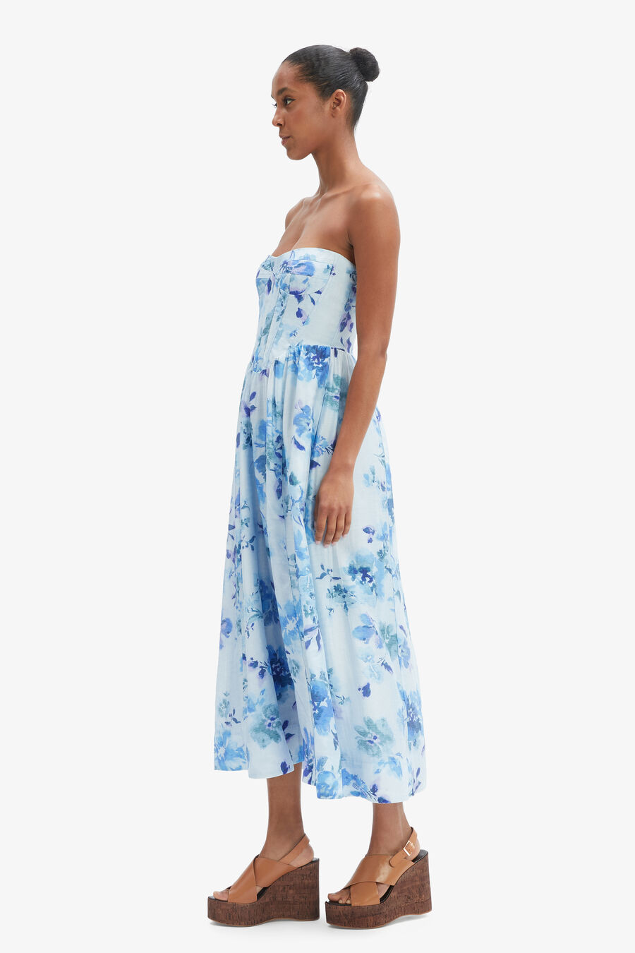 LOLA CORSET MIDI DRESS in colour Baby Blue Floral