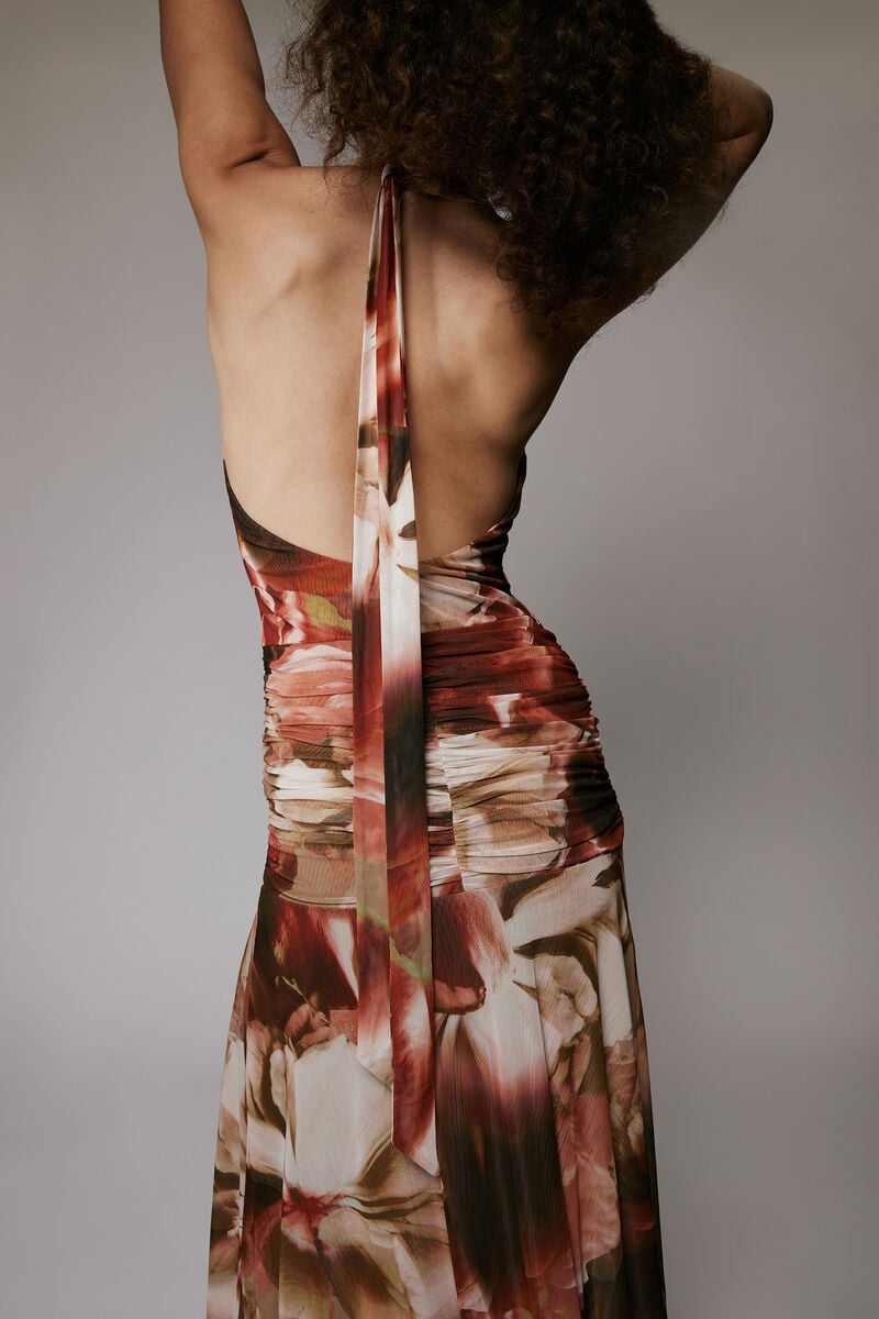 SARIBA HALTER MESH MIDI DRESS in colour Burnt Orange