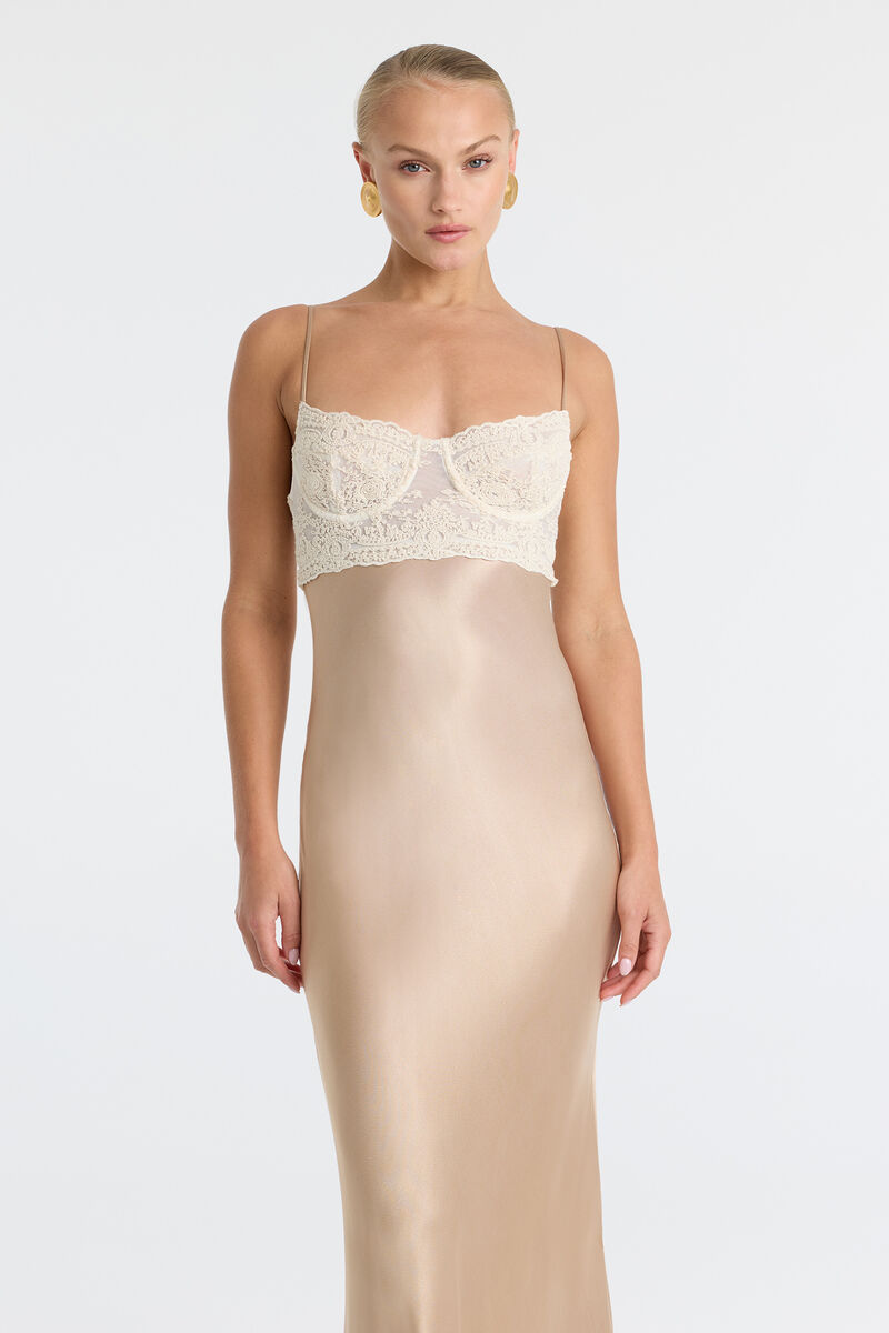 TZARIANA SATIN LACE MIDI DRESS in colour Golden