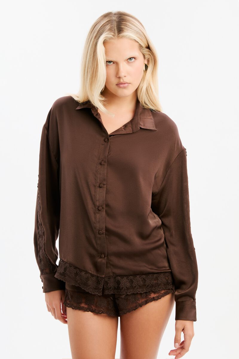 BONITA SATIN LACE TRIM SHIRT in colour Dark Chocolate