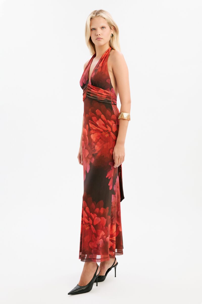 ELERA PRINTED MESH MAXI DRESS in colour Red Ditsy Floral