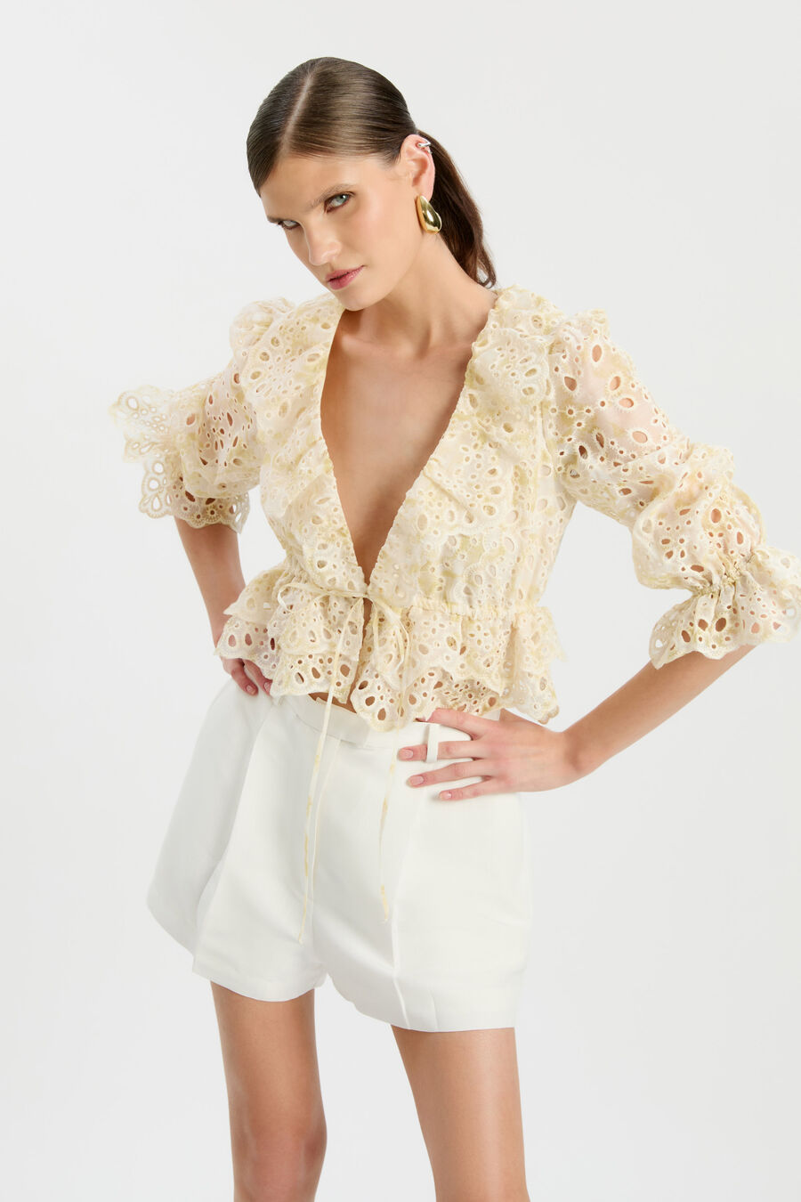 NAOMI DRAWCORD BRODERIE BLOUSE in colour Yellow Floral