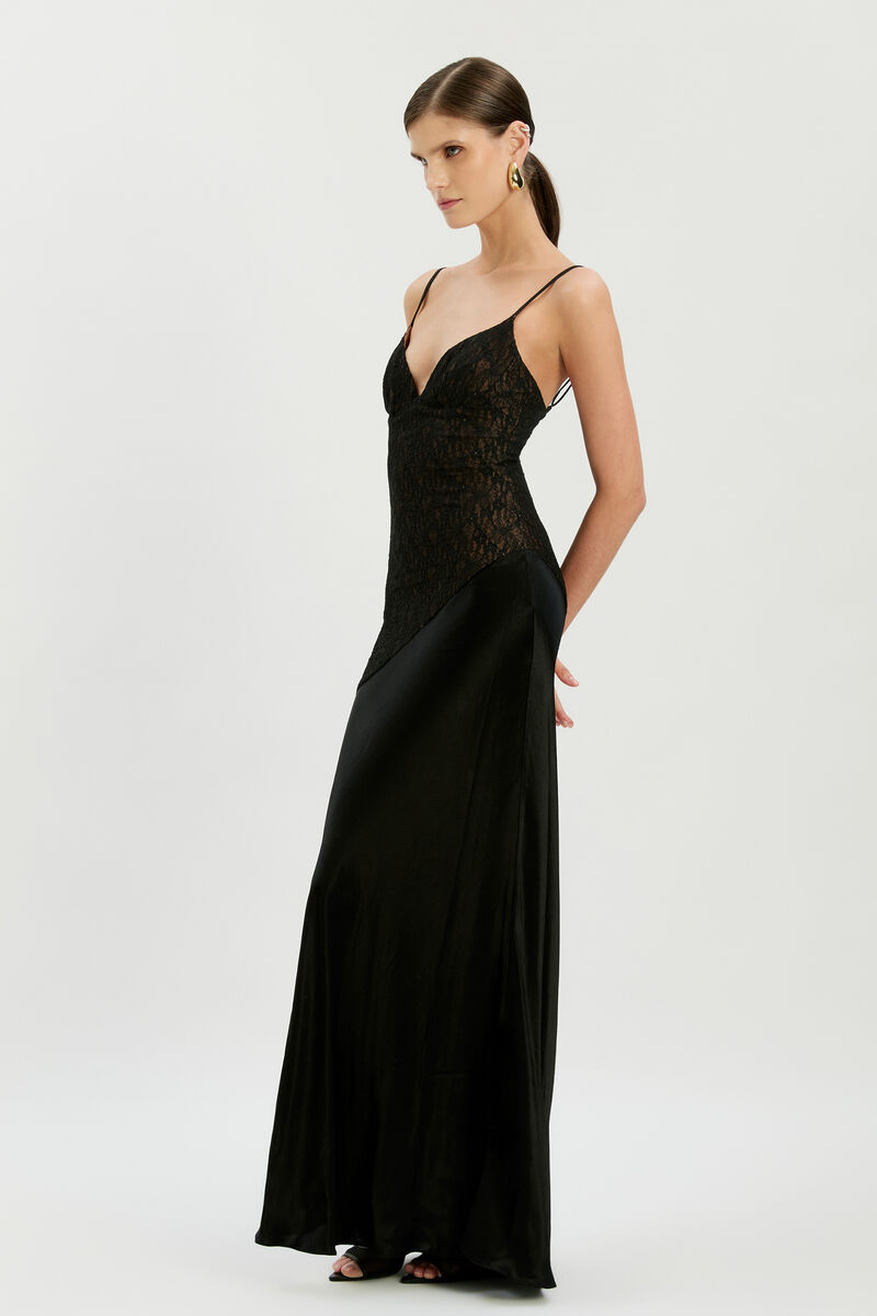 ARALIA LACE SATIN MAXI DRESS in colour Black