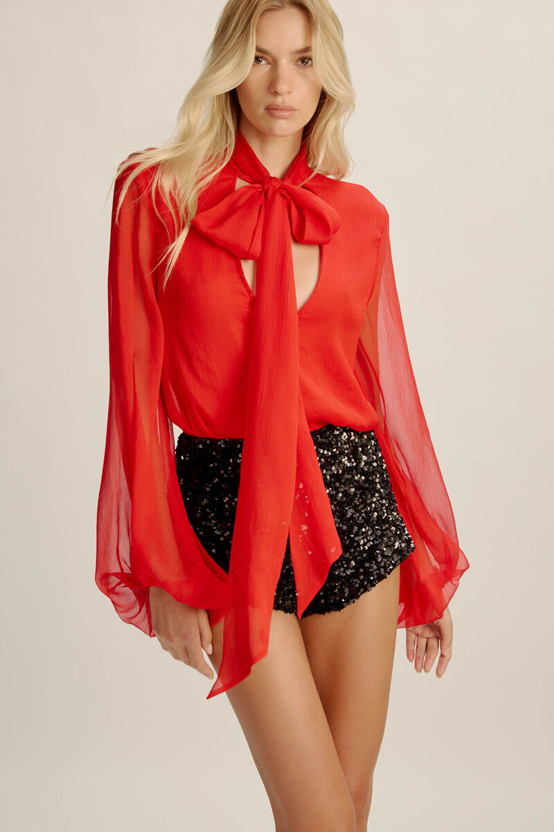 SOLACE TIE FRONT BLOUSE in colour DEEP RED