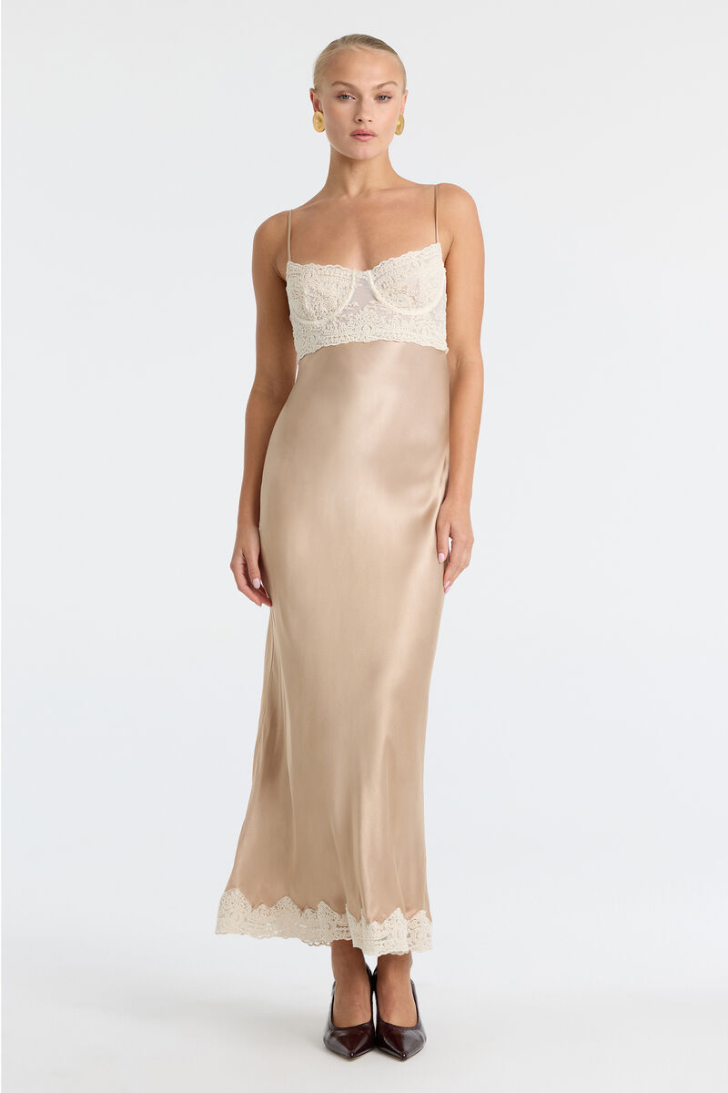 TZARIANA SATIN LACE MIDI DRESS in colour Golden