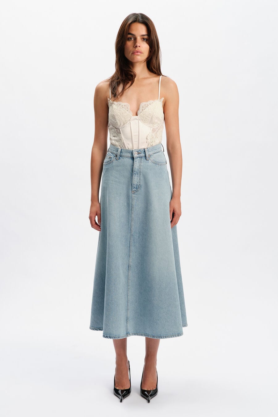 030 DENIM MIDI SKIRT in colour LIGHT DENM