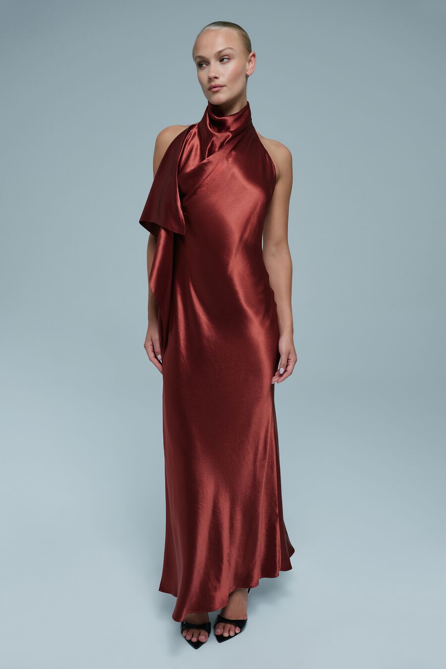 SIERRA DRAPE FRONT MAXI DRESS in colour Rust