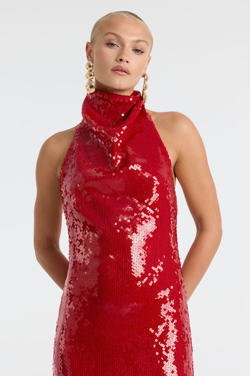 ERYN SEQUIN MAXI DRESS in colour Deep Red