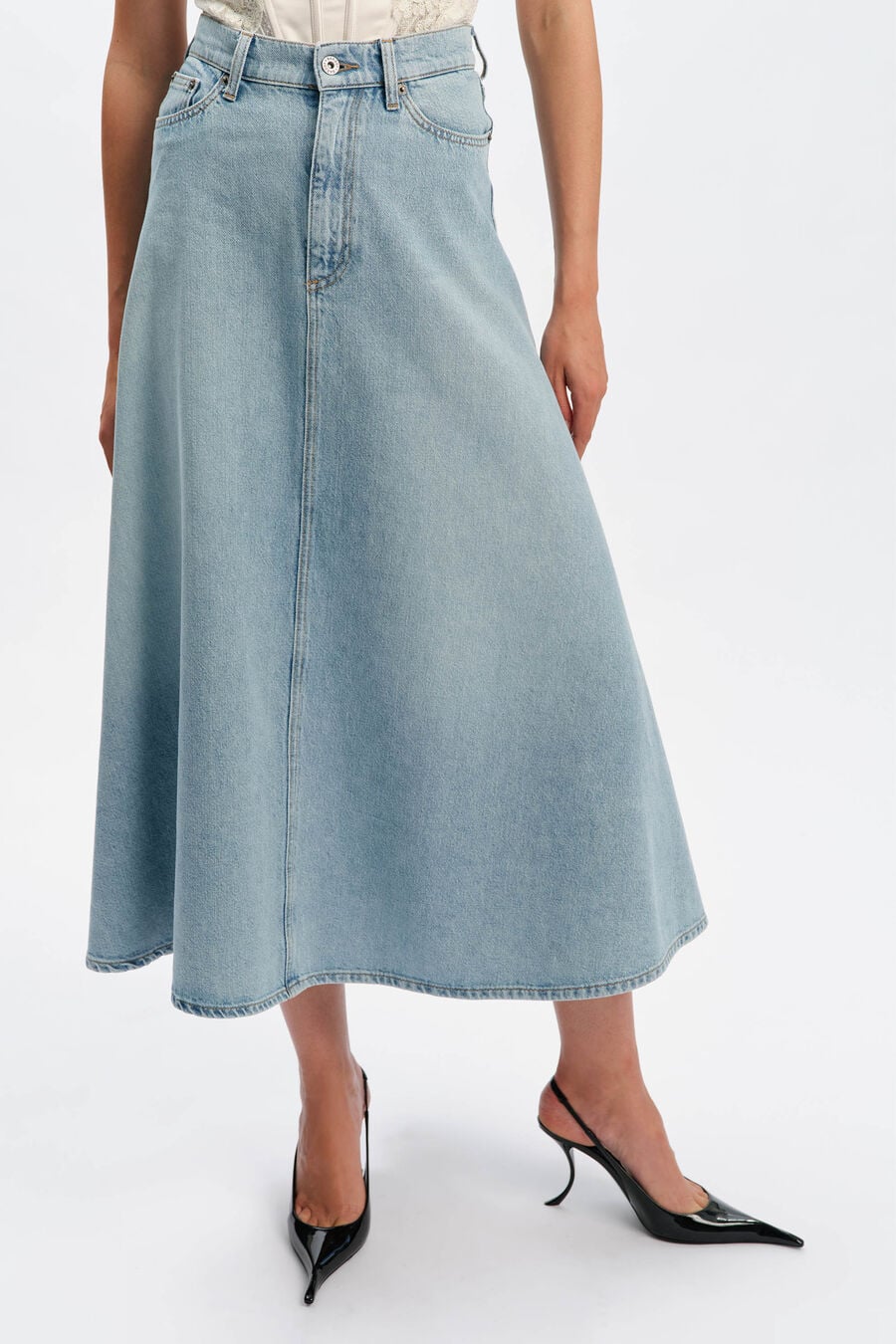 030 DENIM MIDI SKIRT in colour LIGHT DENM