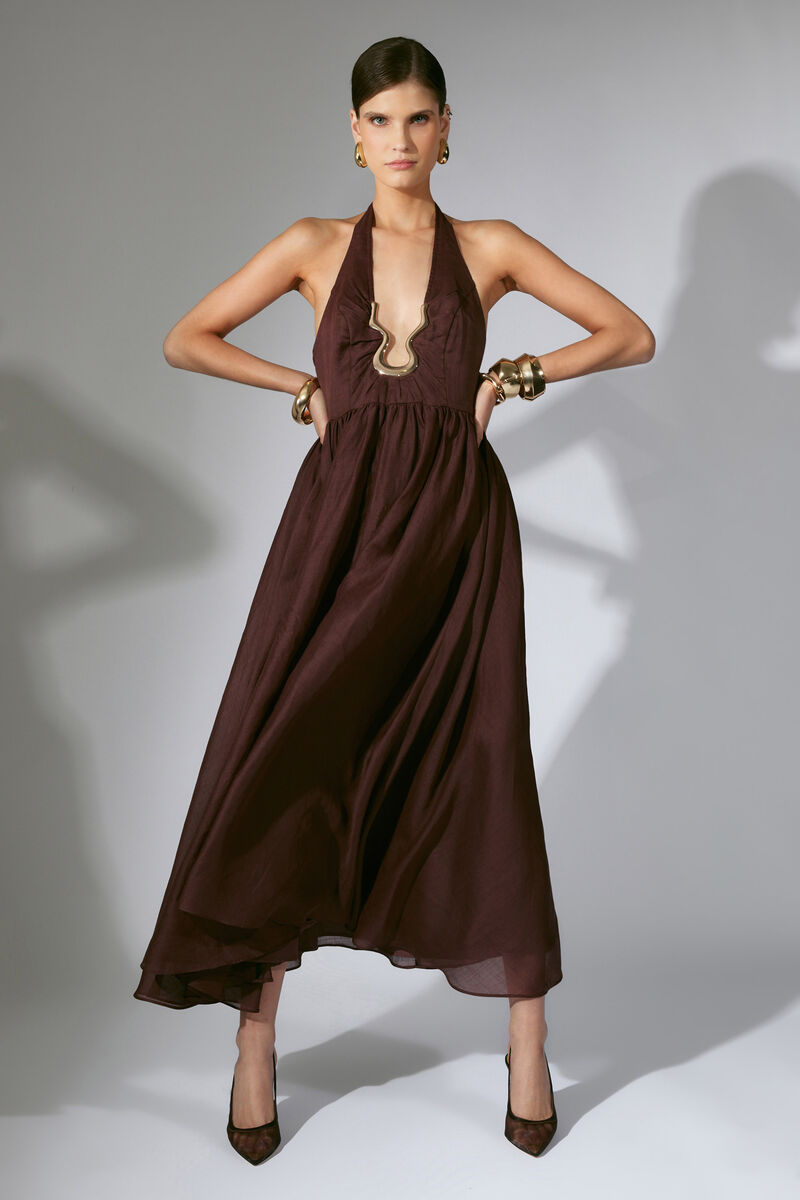 CAVARLY RAMIE HALTER DRESS in colour Chocolate