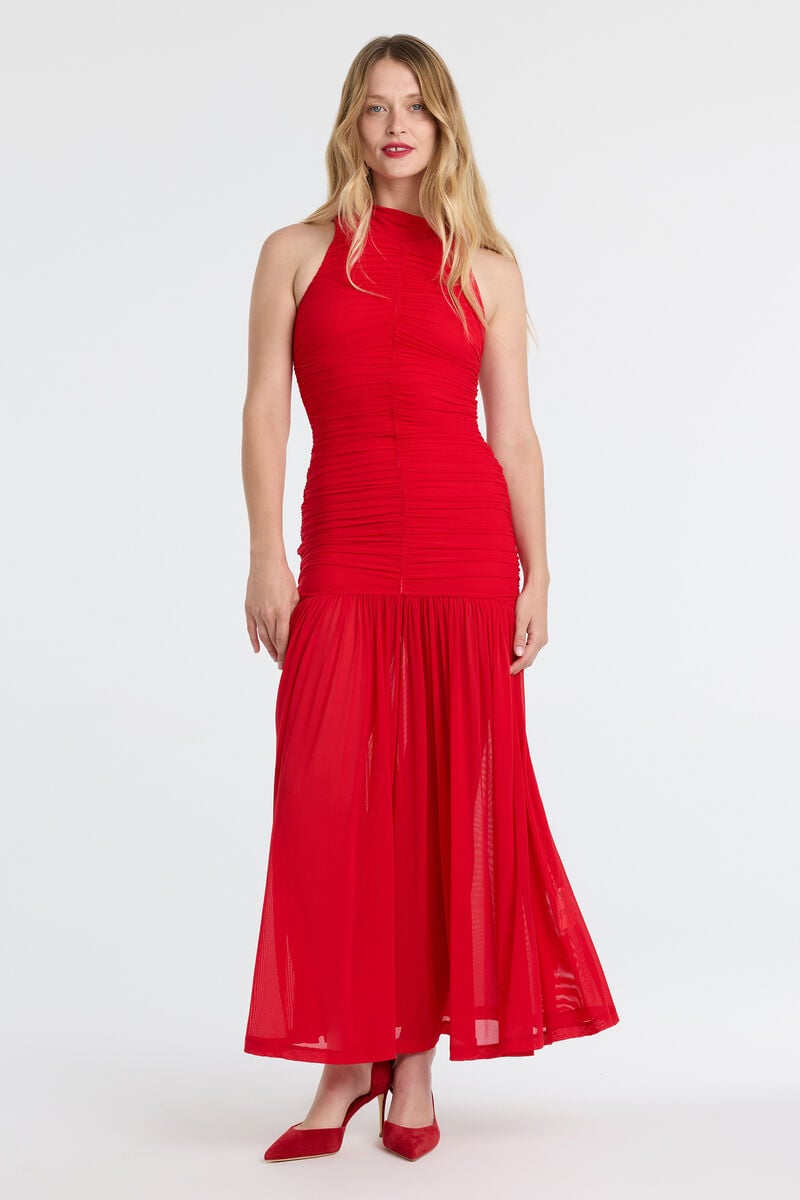 ORLANA MESH MAXI DRESS in colour Fire Red