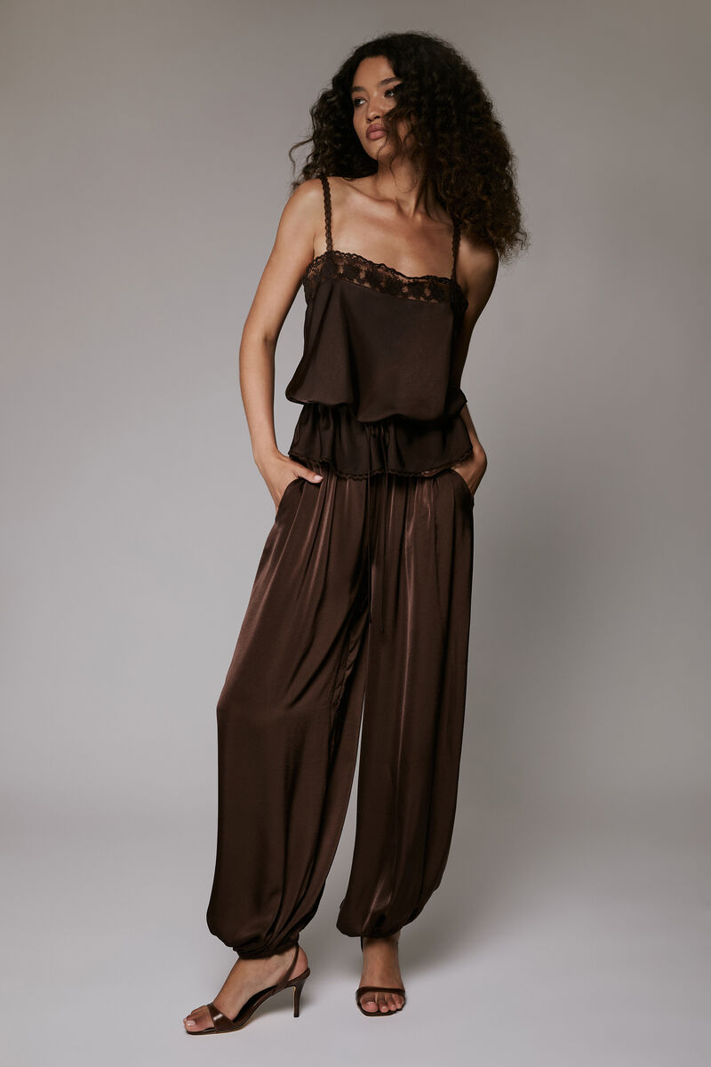 NIKOLA SATIN BALLOON PANT in colour Dark Chocolate