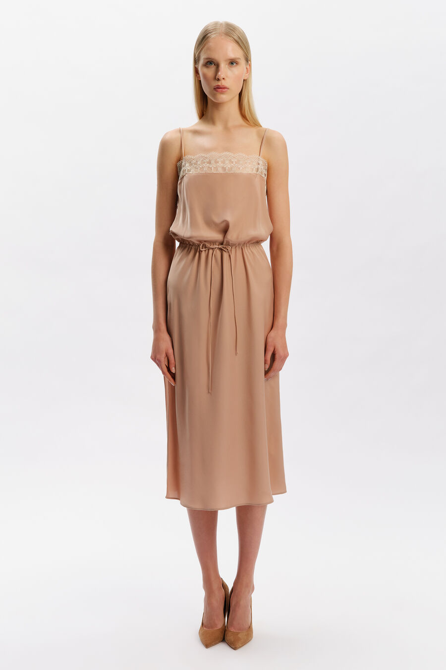 OLINA LACE SATIN MIDI DRESS in colour Soft Camel