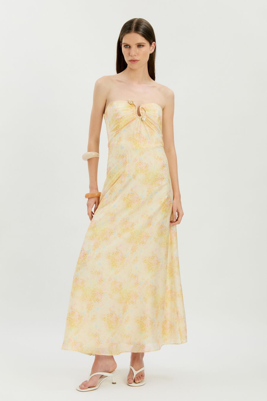AMINA STRAPLESS MAXI DRESS in colour Yellow Floral