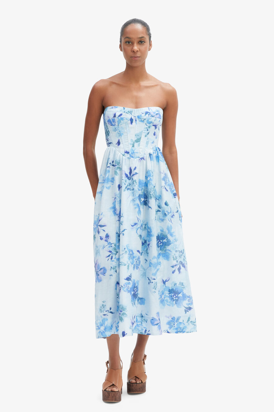 LOLA CORSET MIDI DRESS in colour Baby Blue Floral