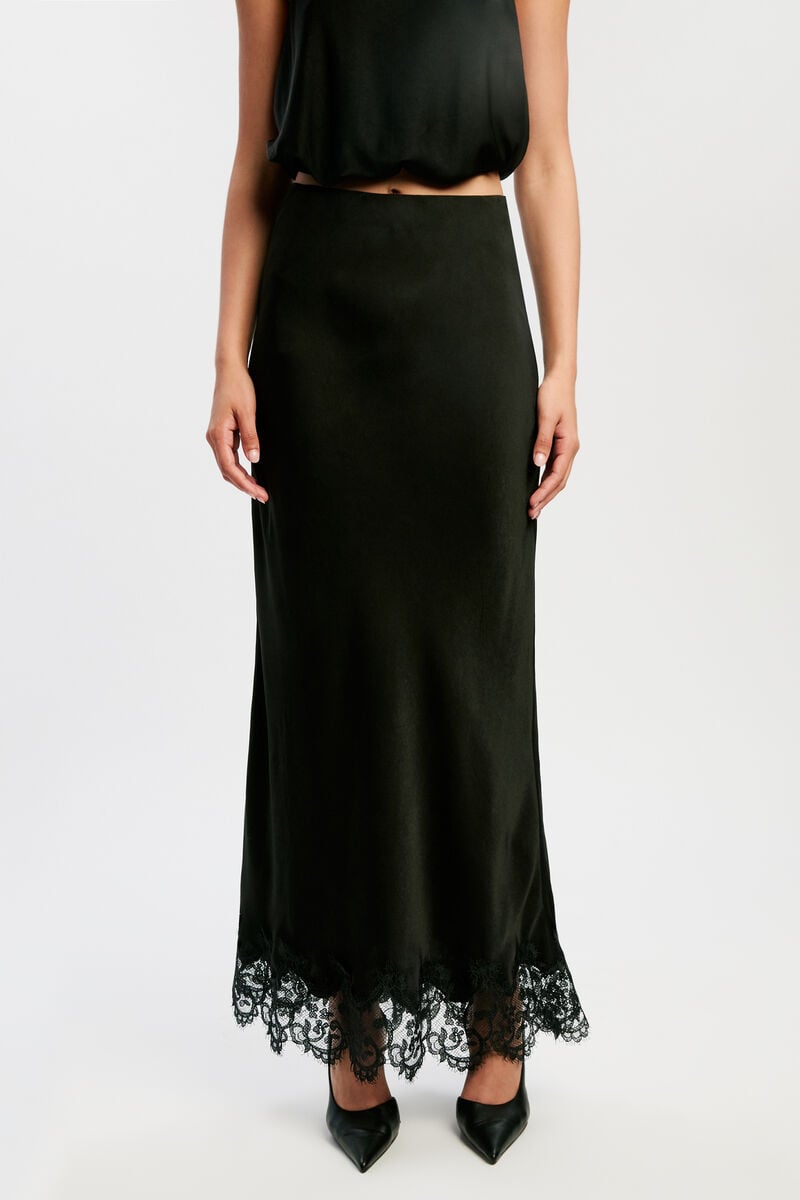 ELISAN LACE SATIN MIDI SKIRT in colour Black