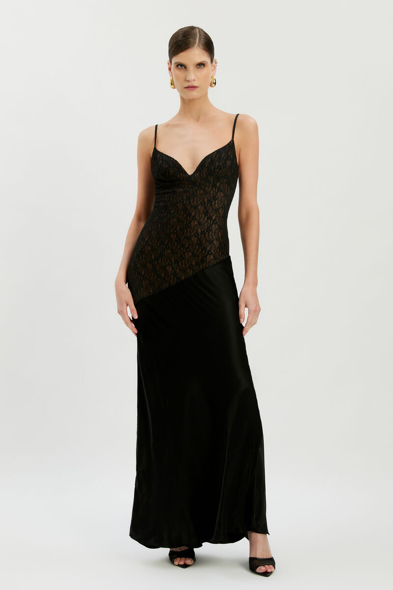 ARALIA LACE SATIN MAXI DRESS in colour Black