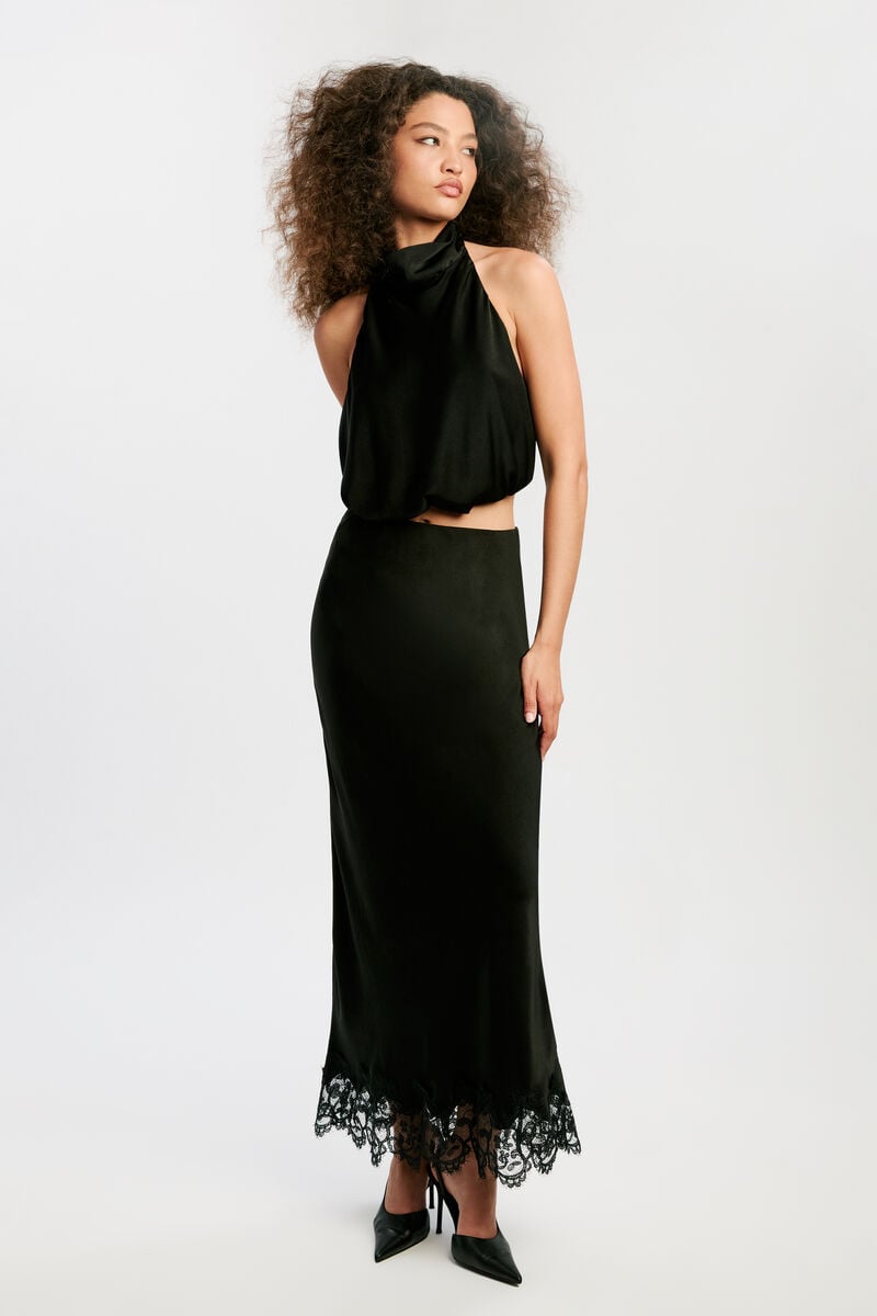 ELISAN LACE SATIN MIDI SKIRT in colour Black