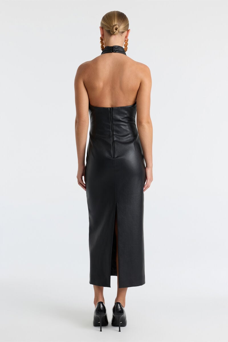 GINA VEGAN LEATHER MIDI DRESS in colour Black