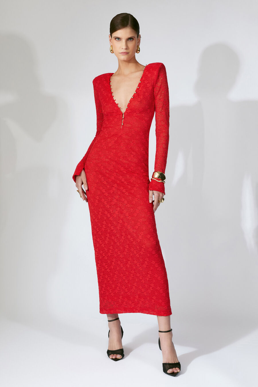 ZENIA LONG SLEEVE MIDI DRESS in colour Fire Red