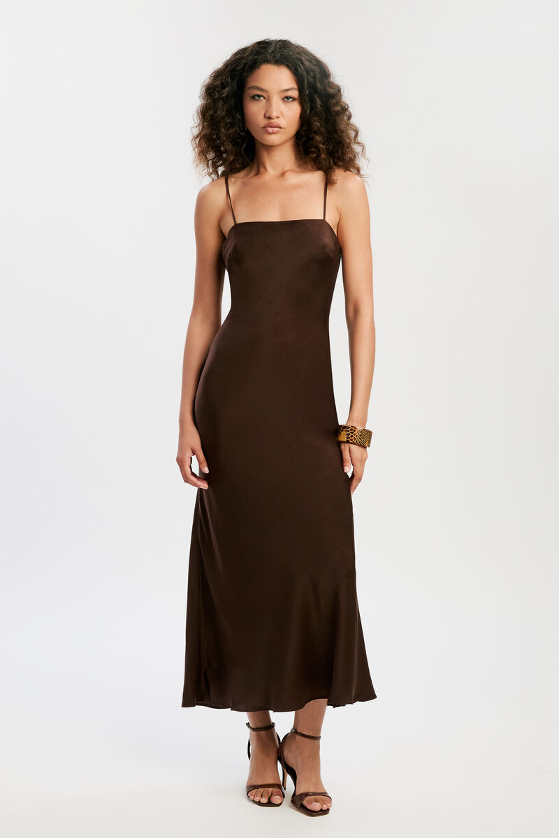 MARLO SATIN SLIP DRESS in colour Dark Chocolate