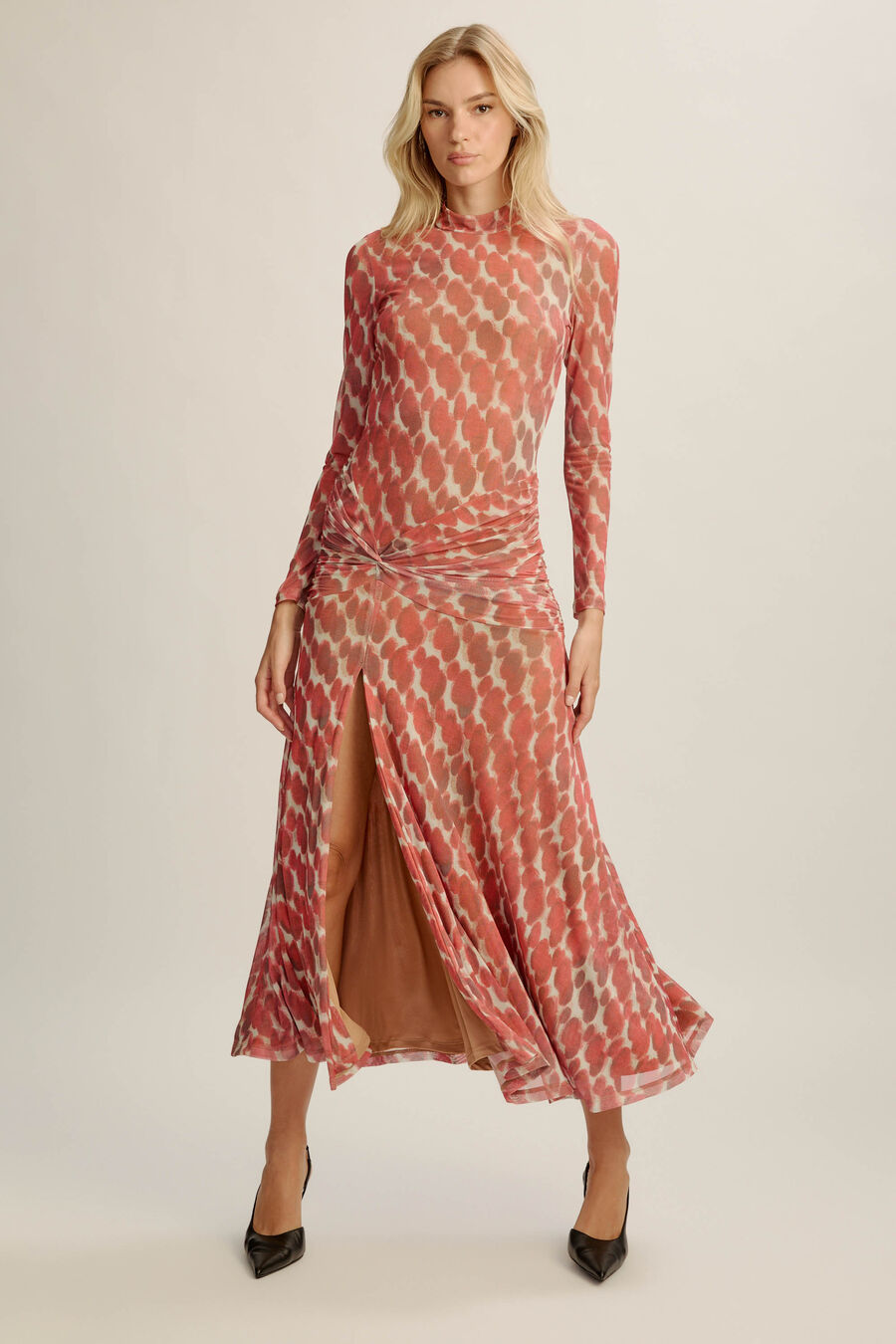 LEA PRINTED MESH DRESS in colour RED SPOT
