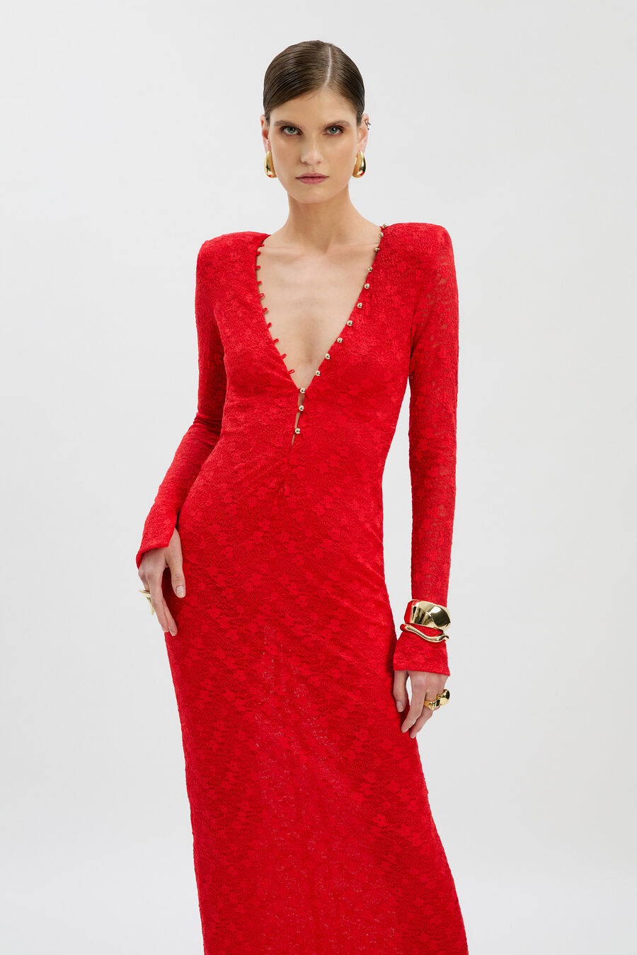 ZENIA LONG SLEEVE MIDI DRESS in colour Fire Red