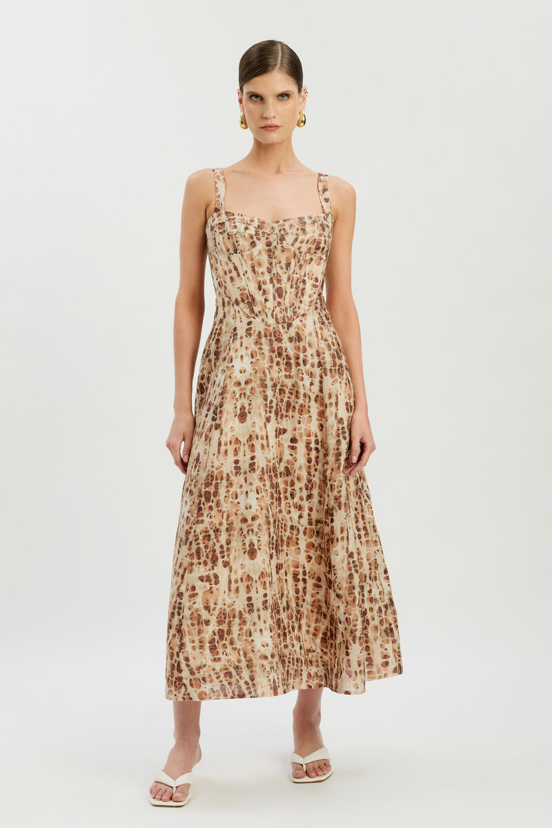 LILAH CORSET MIDI DRESS in colour Pebble Print