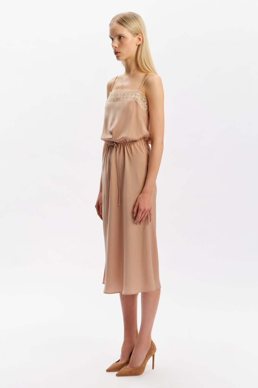 OLINA LACE SATIN MIDI DRESS in colour Soft Camel