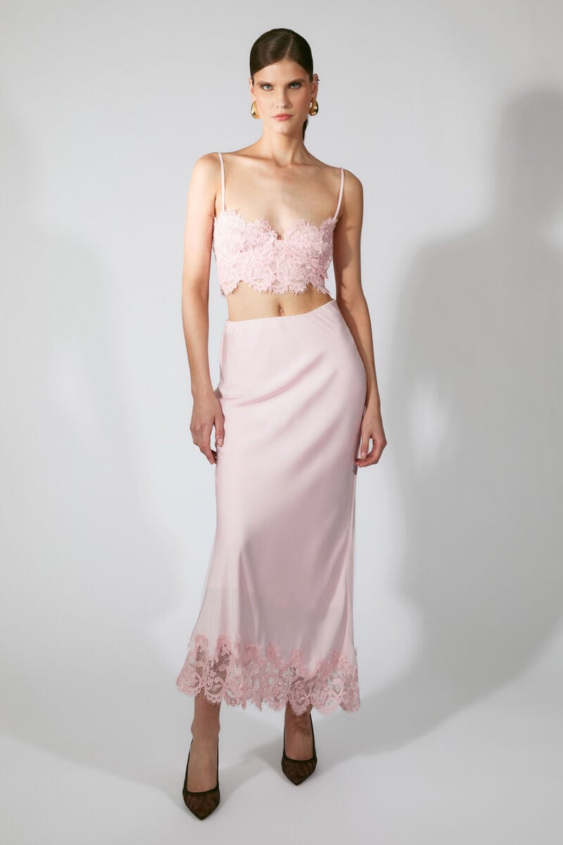 ELISAN LACE SATIN MIDI SKIRT in colour Petal Pink