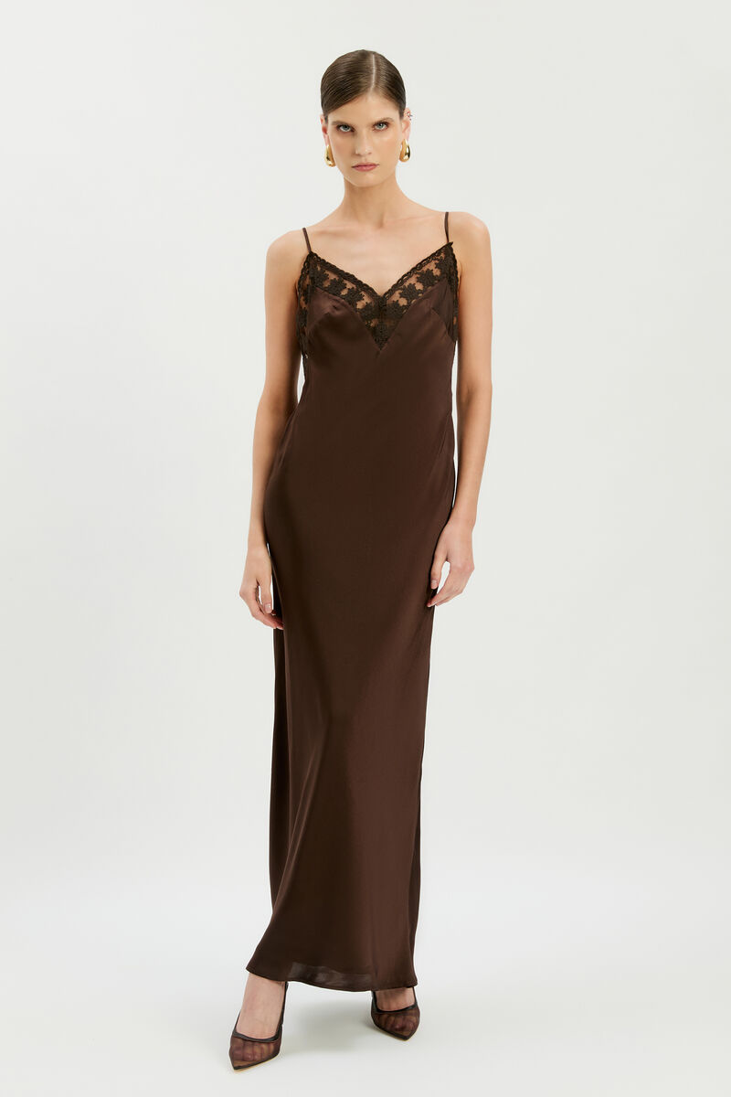 BONITA LACE TRIM MAXI DRESS in colour Dark Chocolate