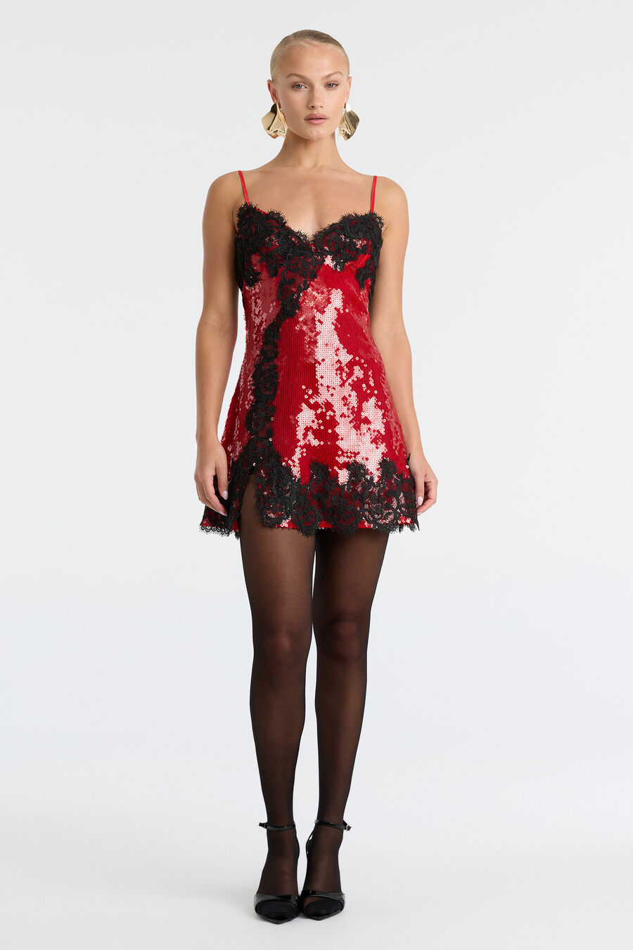 ALERIE SEQUIN MESH MINI DRESS in colour Deep Red