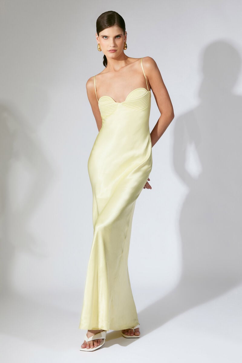 DEVIN SATIN MAXI DRESS in colour Lemon Yellow