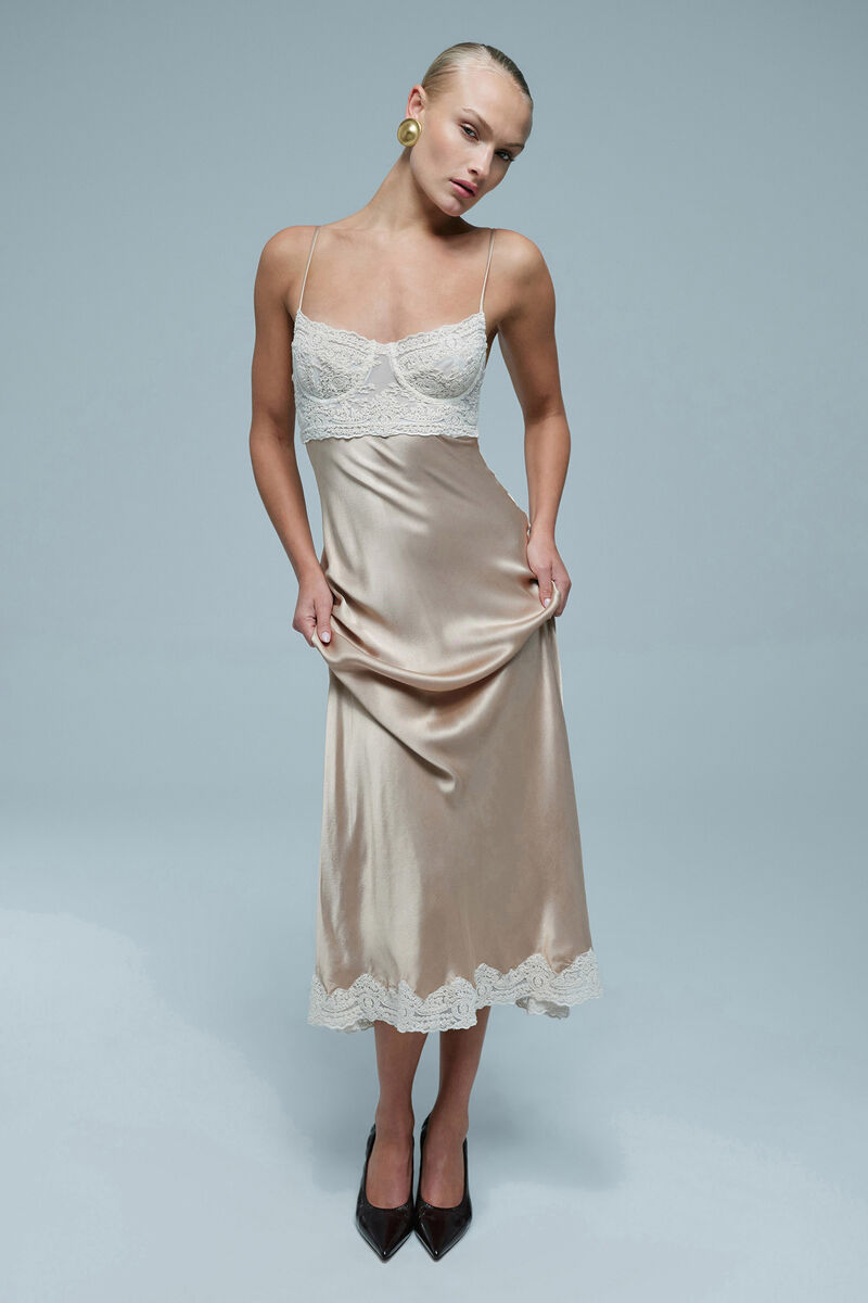 TZARIANA SATIN LACE MIDI DRESS in colour Golden