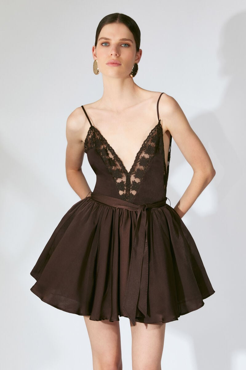 NATALIA LACE TRIM MINI DRESS in colour Dark Chocolate