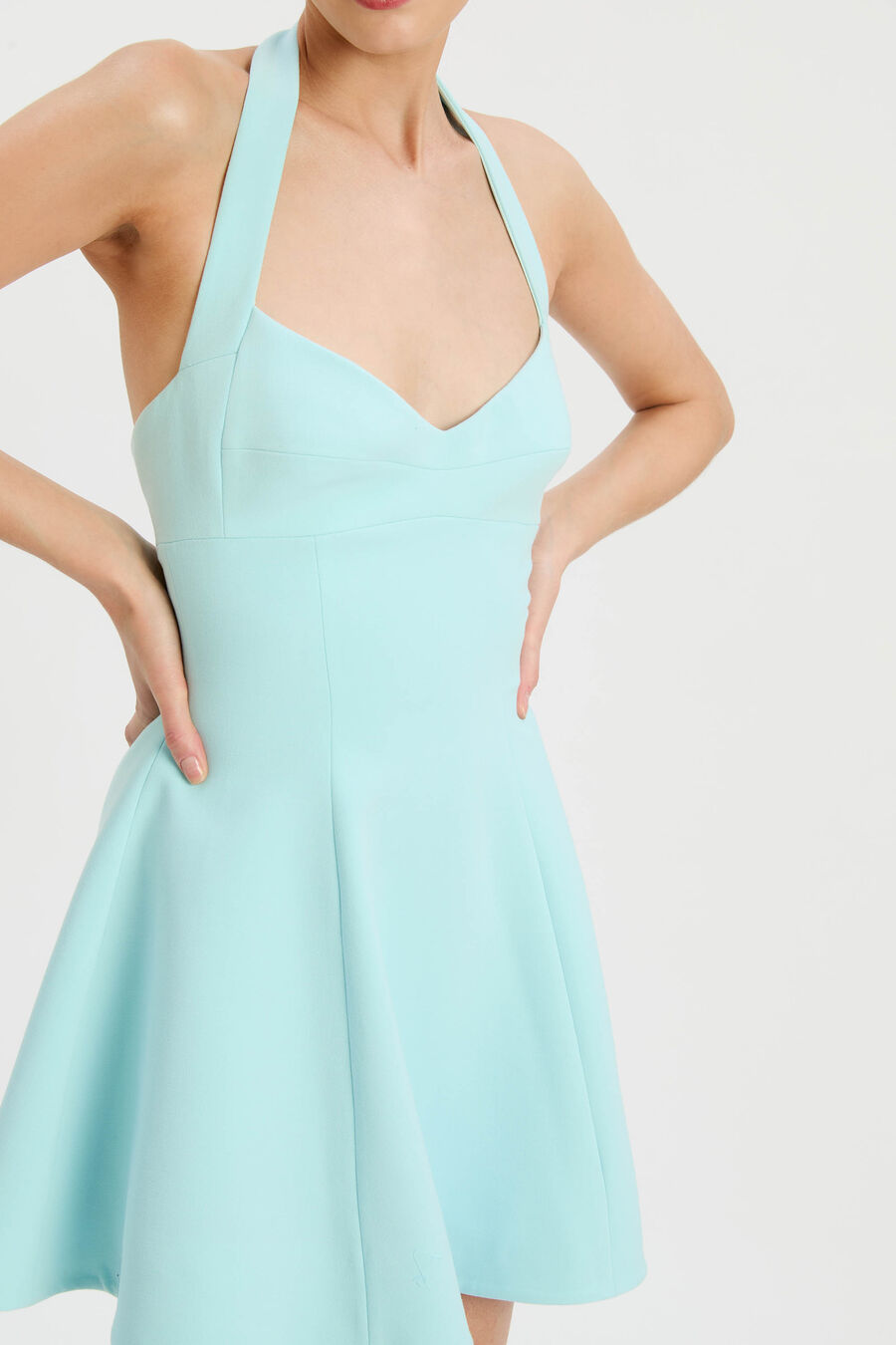 DESERAE HALTER NECK MINI DRESS in colour Aqua