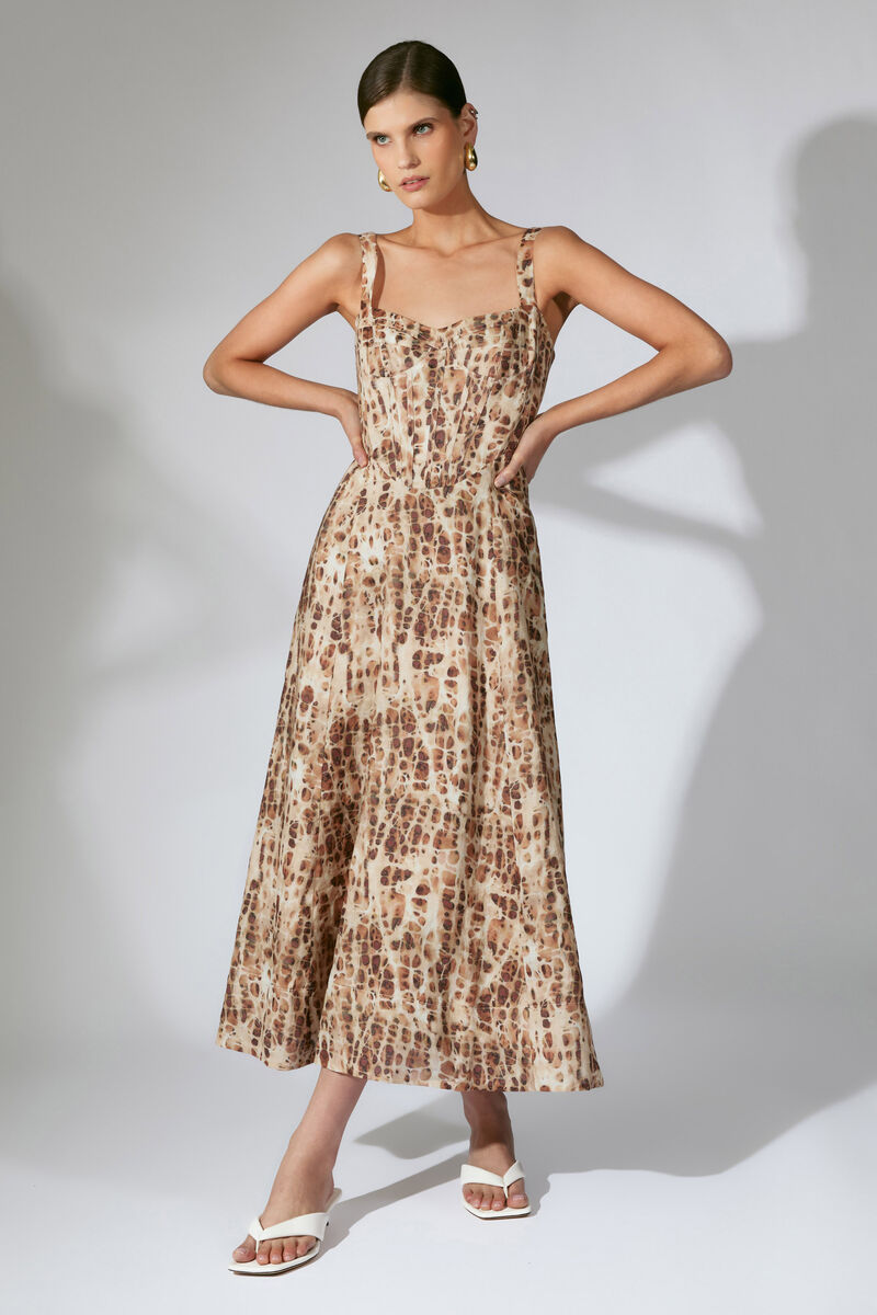 LILAH CORSET MIDI DRESS in colour Pebble Print